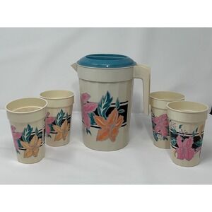 Vintage Packer Ware Pitcher and Cups Set Floral Design USA 1980s Tropical
